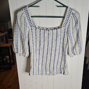 Evereve Blue & White Square Neck Puff Sleeve Top